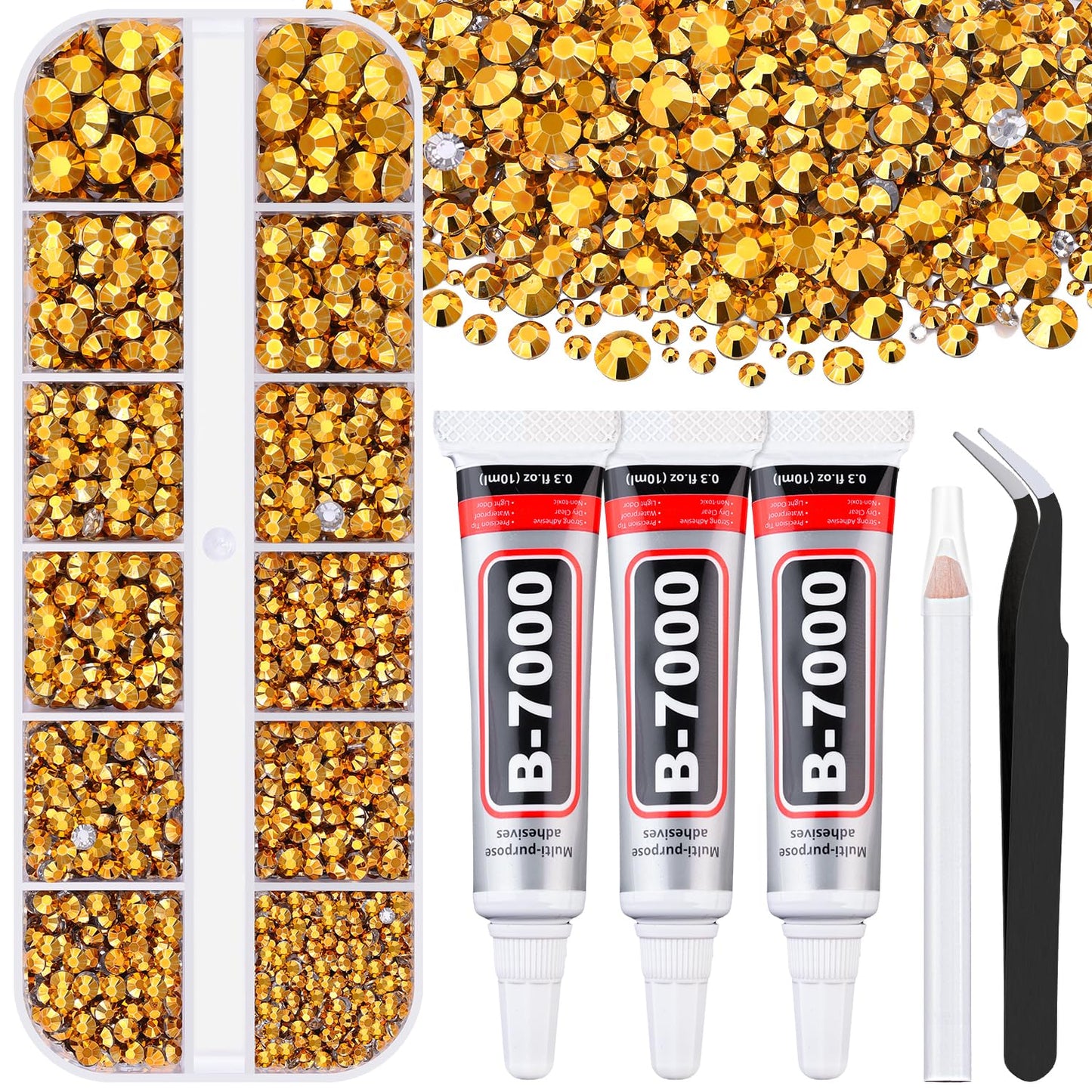 6000Pcs Resin Rhinestones for Bedazzling with 3Pcs B7000 Jewelry Glue, 1 Box Mine Gold Flatback Rhinestones for Crafting Crafts DIY, Crystals Gems for Clothing Shoes Tumblers Nail Art Makeup-BrightBean Baby