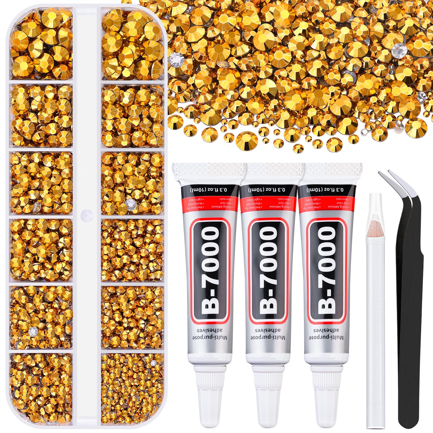 6000Pcs Resin Rhinestones for Bedazzling with 3Pcs B7000 Jewelry Glue, 1 Box Mine Gold Flatback Rhinestones for Crafting Crafts DIY, Crystals Gems for Clothing Shoes Tumblers Nail Art Makeup-BrightBean Baby