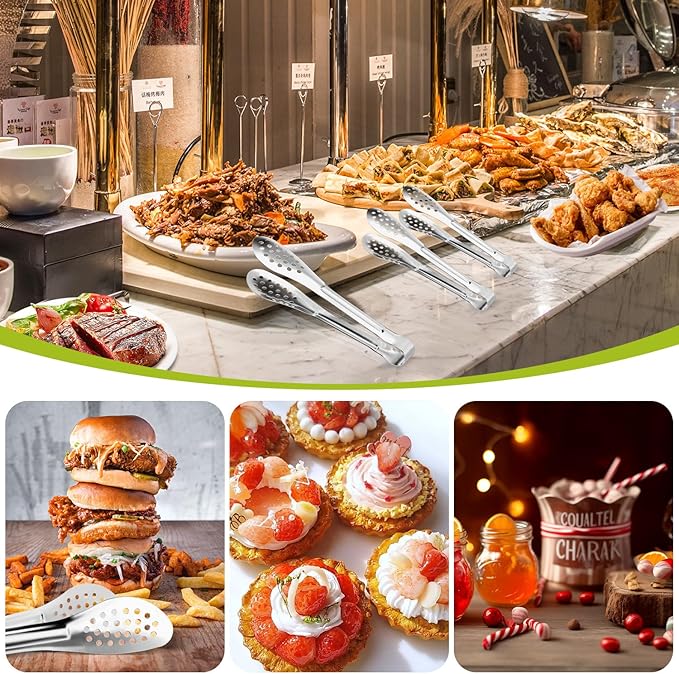 XEVOM Serving Tongs, 8 Pack, 7 Inch, Stainless Steel, Silver, Buffet Tongs