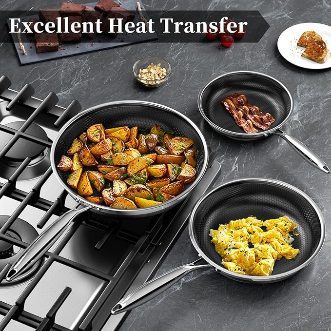 Innerwell Nonstick Frying Pans 9.5 Inch Hybrid Tri-Ply Stainless Steel Frying Pans Titanium Ceramic Nonstick Cooking Pan,PFAS/PFOA/PTFE Free,Compatible with All Cooktops