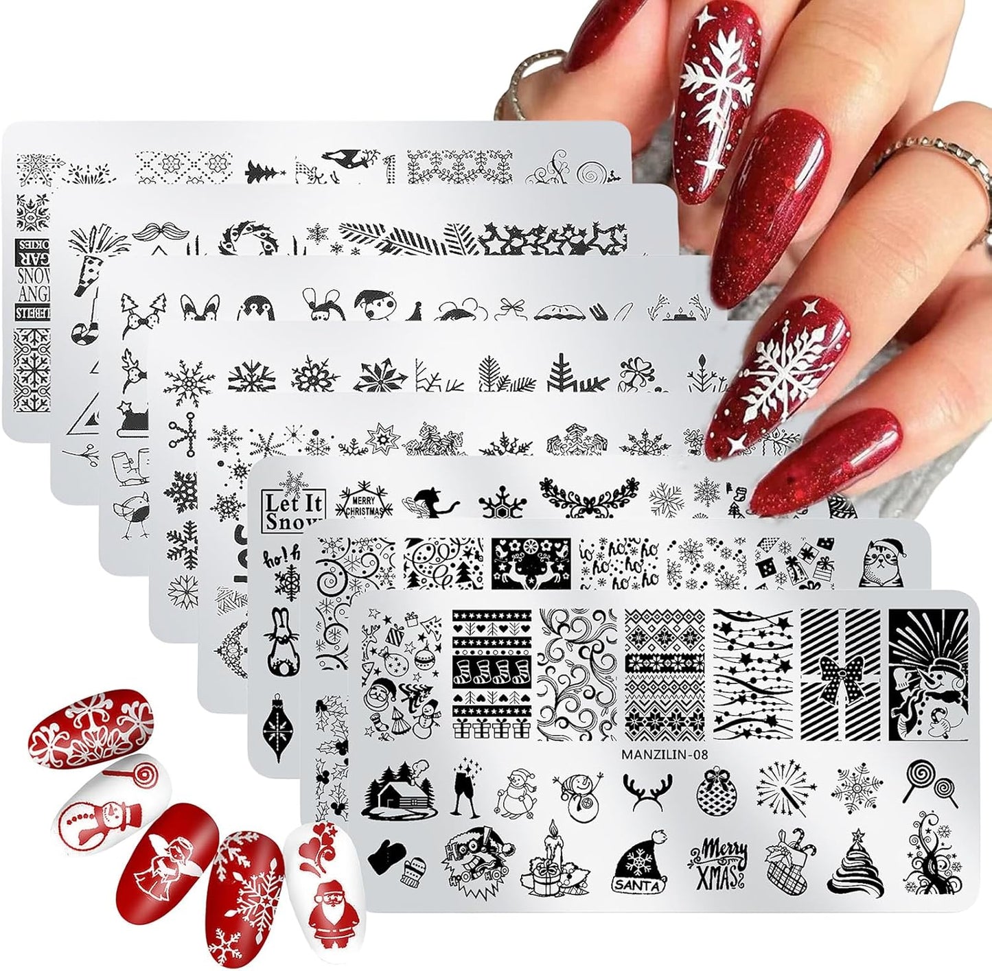 Christmas Nail Stamping Plates - Winter Stamp Kit with Snowflake, Santa Claus, Christmas Tree, Elk & Candy Bells Designs - DIY Stainless Steel Nail Image Polish Template Kit (8Pcs)-BrightBean Baby