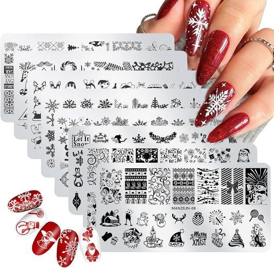 Christmas Nail Stamping Plates - Winter Stamp Kit with Snowflake, Santa Claus, Christmas Tree, Elk & Candy Bells Designs - DIY Stainless Steel Nail Image Polish Template Kit (8Pcs)-BrightBean Baby