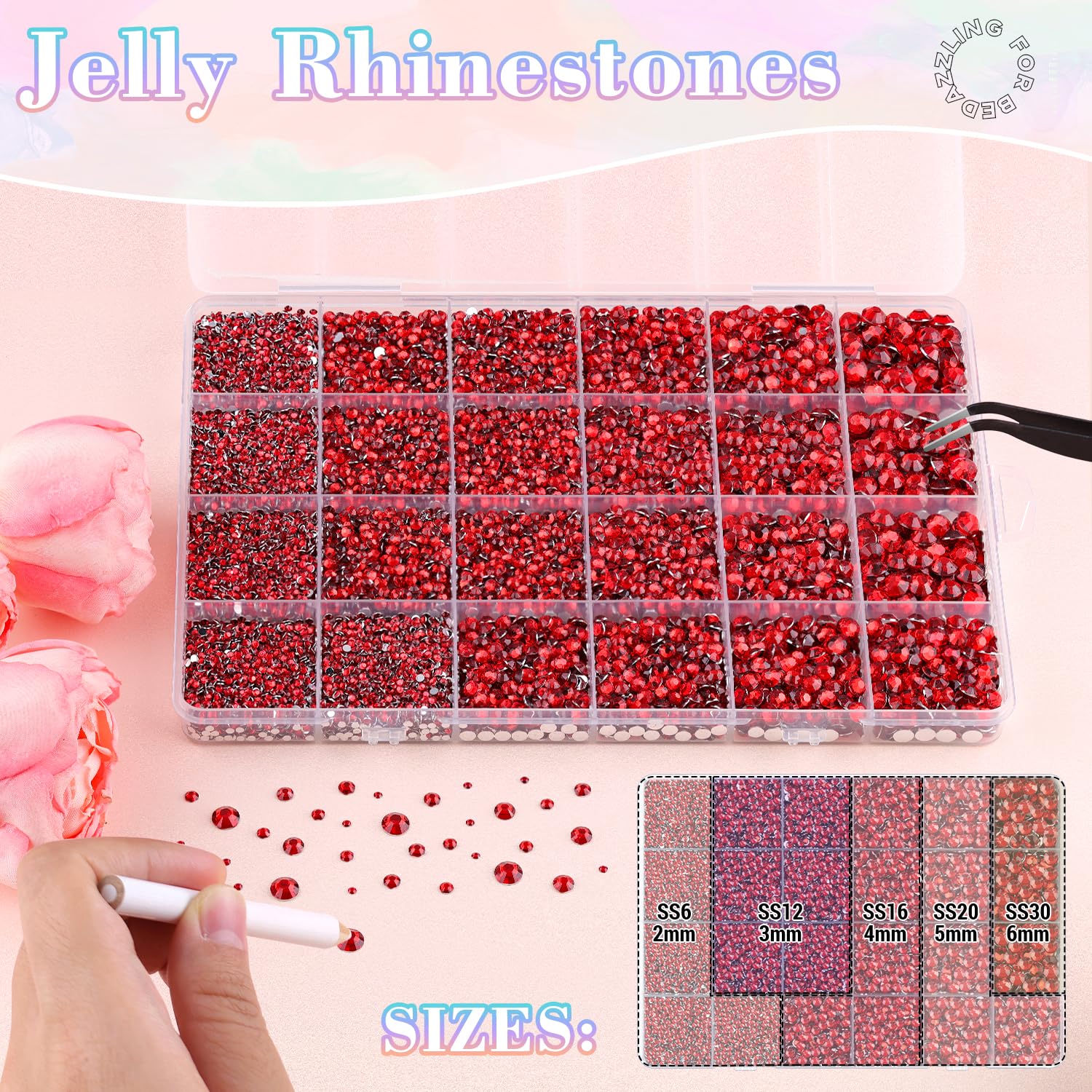 30000Pcs Resin Red Rhinestones with B7000 Jewelry Glue for Crafting, 2-6mm Non Hotfix Flatback Gems, Bedazzling Crystal for DIY Crafts Clothing Tumblers Mugs Shoes Fabric Decor Nail Art-BrightBean Baby