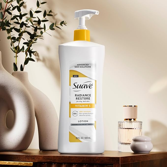 Suave Radiance Restore Hand & Body Lotion For Women With Vitamin C, Brighten & Hydrate Dry, Dull Skin, Non Greasy, Moisturizing Cream Evens Skin Tone, Allergen Free, 28 FL OZ Pump, 4 Pack-BrightBean Baby