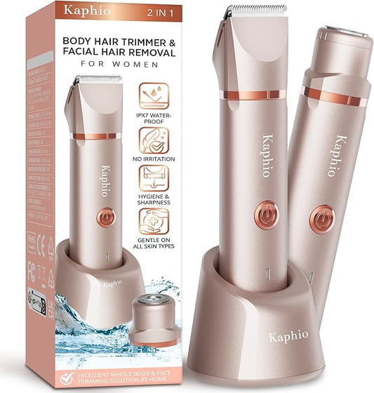 Electric Bikini Trimer Shaver Women: 2 in 1 IPX7 Waterproof Wet & Dry Use Body Hair Trimmer and Facial Hair Remover - Rechargeable Hair Removal Kit for Bikini Underarm Leg Arm Body Face