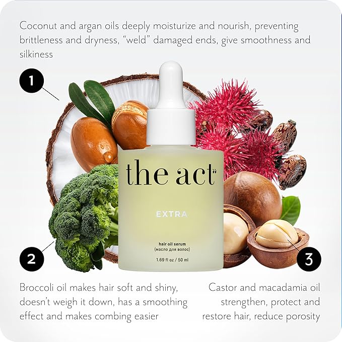 The Act Hair Oil for Dry & Frizzy Hair – Leave-In Lightweight Treatment with Argan, Coconut & Castor Oil – Non-Greasy Finish – 1.69 fl oz-BrightBean Baby