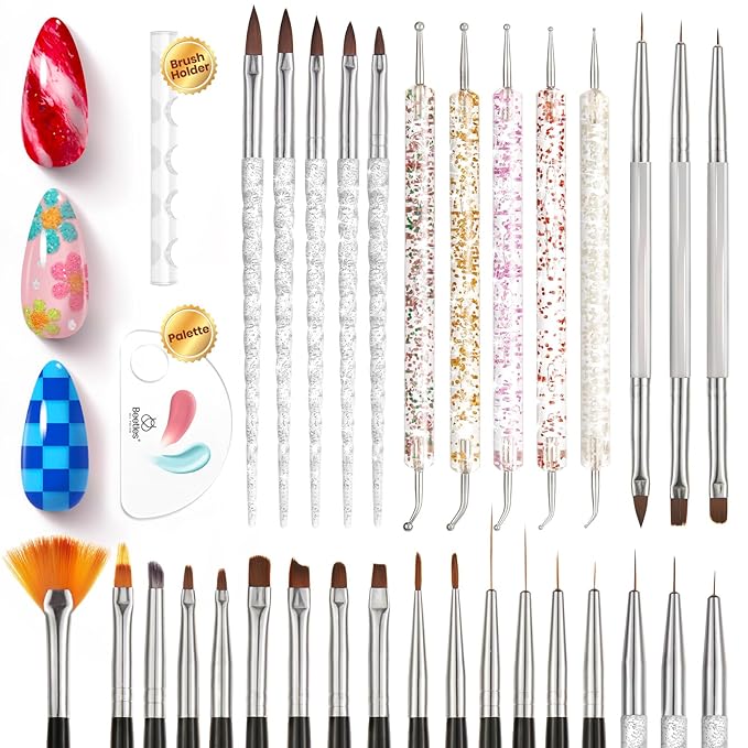 Beetles 31pcs Nail Art Brushes, Dotting Tools, Nail Art Pens, Dust Brush, Striping Liner Fingernail Drawing Pens with Palette Holder All in One for Starter Manicure Design Set-BrightBean Baby