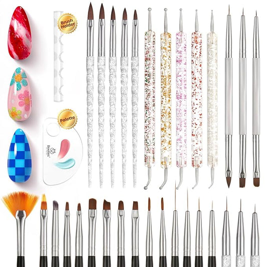 Beetles 31pcs Nail Art Brushes, Dotting Tools, Nail Art Pens, Dust Brush, Striping Liner Fingernail Drawing Pens with Palette Holder All in One for Starter Manicure Design Set-BrightBean Baby