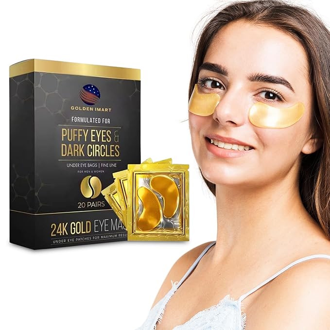 Under Eye Patches for Dark Circles - 24k Gold Eye Mask for Luxurious hydrating eye patches (20 Pairs) Gold Eye Patches for Puffy Eyes Brightening, Anti-Aging Wrinkles, for both genders-BrightBean Baby