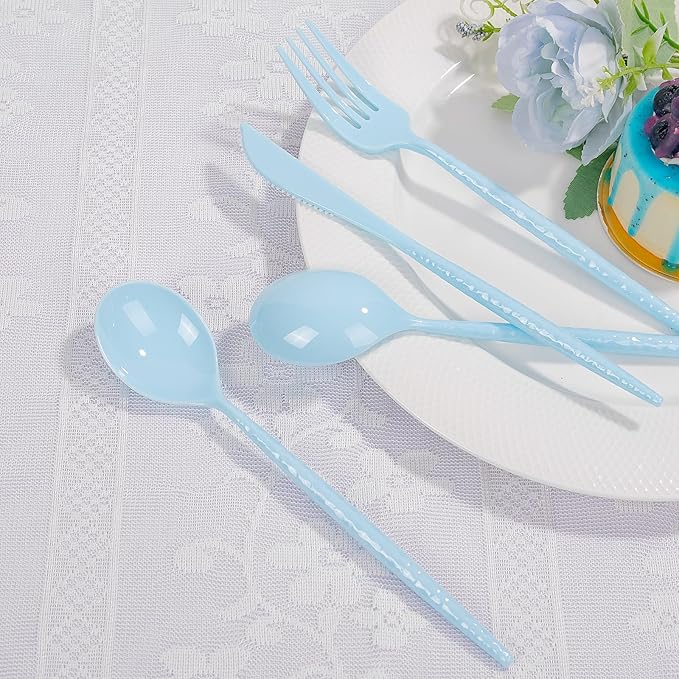 LIYH 150 Pcs Baby Blue Plastic Cutlery Sets - Light Blue Plastic Silverware Heavyduty, Disposable Utensil Sets, 50 of Each Forks, Knives & Spoons Flatware Set for Party Birthday