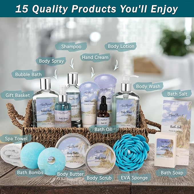 Bath Spa Gift Sets - Luxury Basket With Ocean & Coconut - Spa Kit Includes Wash, Bubble Bath, Lotion, Bath Salts, Body Scrub, Shower Puff, Bathbombs, Soap and Towel-BrightBean Baby