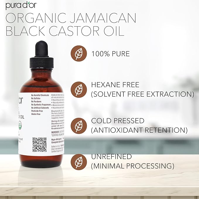 PURA D'OR 4 Oz ORGANIC Jamaican Black Castor Oil - Natural Smoky Scent - w/ 2 BONUS Empty Brushes - 100% Pure USDA Certified Cold Pressed & Roasted, Hexane Free Eyelash & Eyebrow Serum-BrightBean Baby