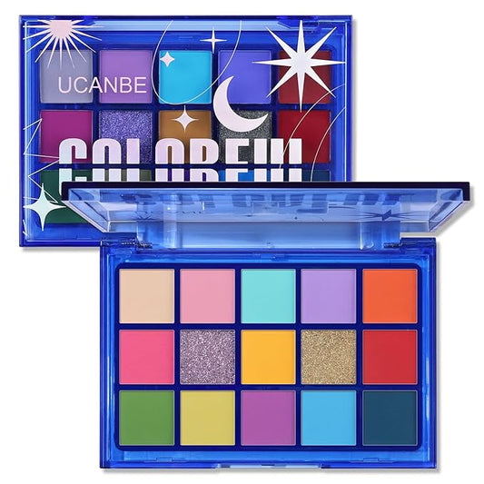 UCANBE Colorful Eyeshadow Palette, 15 Colors Vibrant Bright Shimmer Matte Metallic Neon Eye Makeup Pallet, Rainbow Green Pink Purple Orange Blue High Pigmented Sombras De Ojos Gift Kit-BrightBean Baby