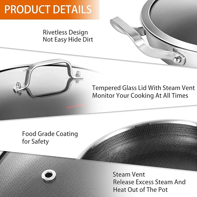 DELARLO 12" Tri-Ply Stainless Steel Nonstick Skillet with Lid