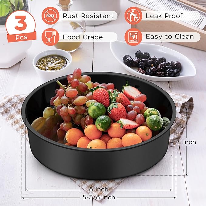Onader 8 Inch Cake Pan, Stainless Steel Round Smash Cake Bake Pans Set of 3, Nonstick & Non Toxic Birthday Wedding Baking Tins