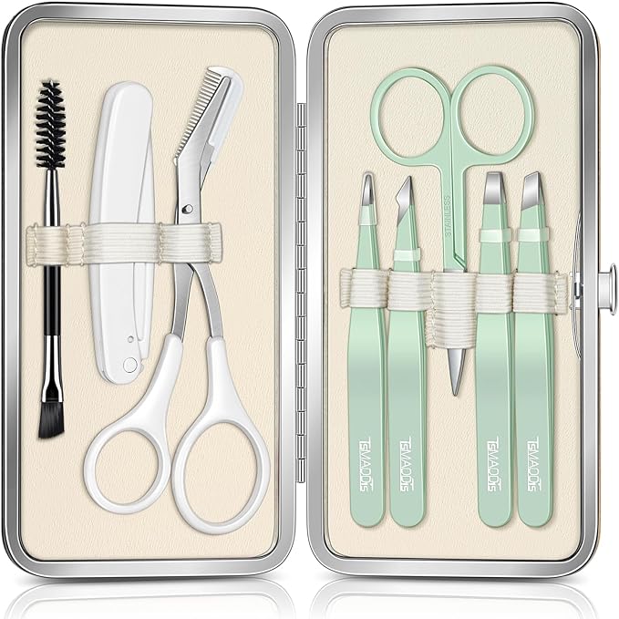 TsMADDTs Tweezers for Women, 8 in 1 Eyebrow Kit with Tweezers, Trimmer, Scissor, Razor, Brush with Travel Bag, Eyebrow Shaping Kit-BrightBean Baby