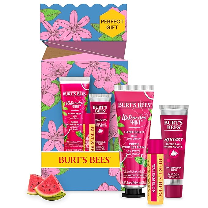 Burt's Bees Mothers Day Gifts for Mom, 3 Self Care Products, You're One in a Melon - Watermelon & Mint Hand Cream, Watermelon Lip Balm & Watermelon Rush Squeezy Tinted Lip Balm (Packaging May Vary)-BrightBean Baby