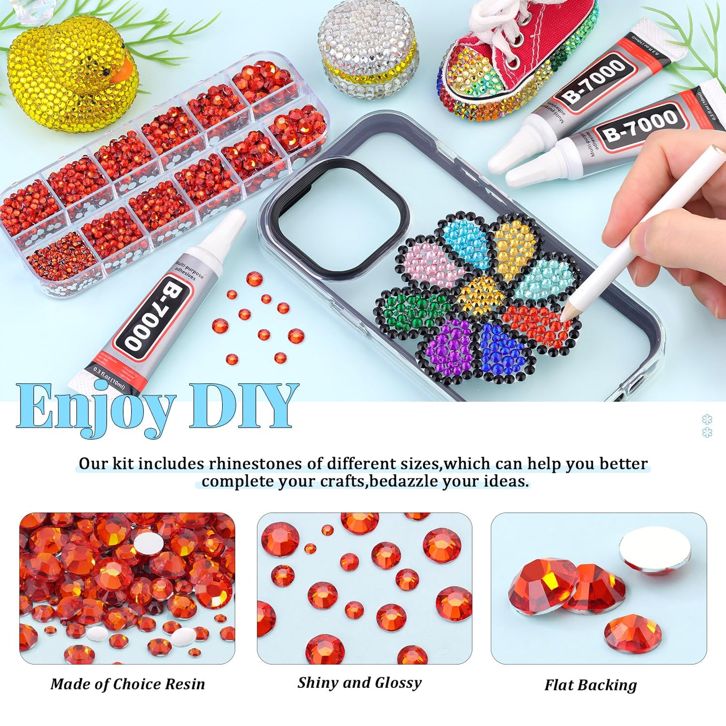 6000Pcs Resin Rhinestones for Bedazzling with 3Pcs B7000 Jewelry Glue, 1 Box Red Zircon Flatback Rhinestones for Crafting Crafts DIY, Crystals Gems for Clothing Shoes Tumblers Nail Art Makeup-BrightBean Baby