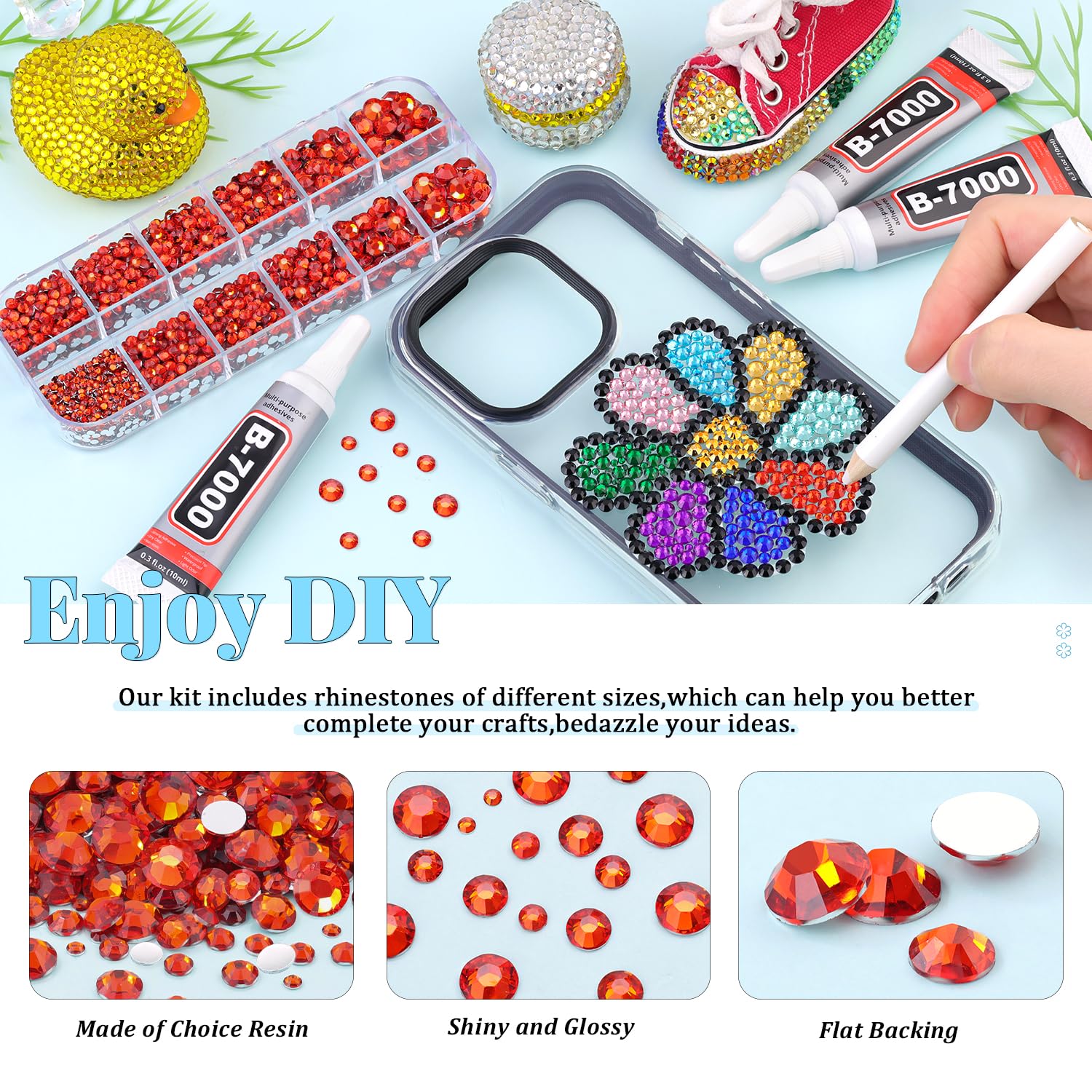 6000Pcs Resin Rhinestones for Bedazzling with 3Pcs B7000 Jewelry Glue, 1 Box Red Zircon Flatback Rhinestones for Crafting Crafts DIY, Crystals Gems for Clothing Shoes Tumblers Nail Art Makeup-BrightBean Baby