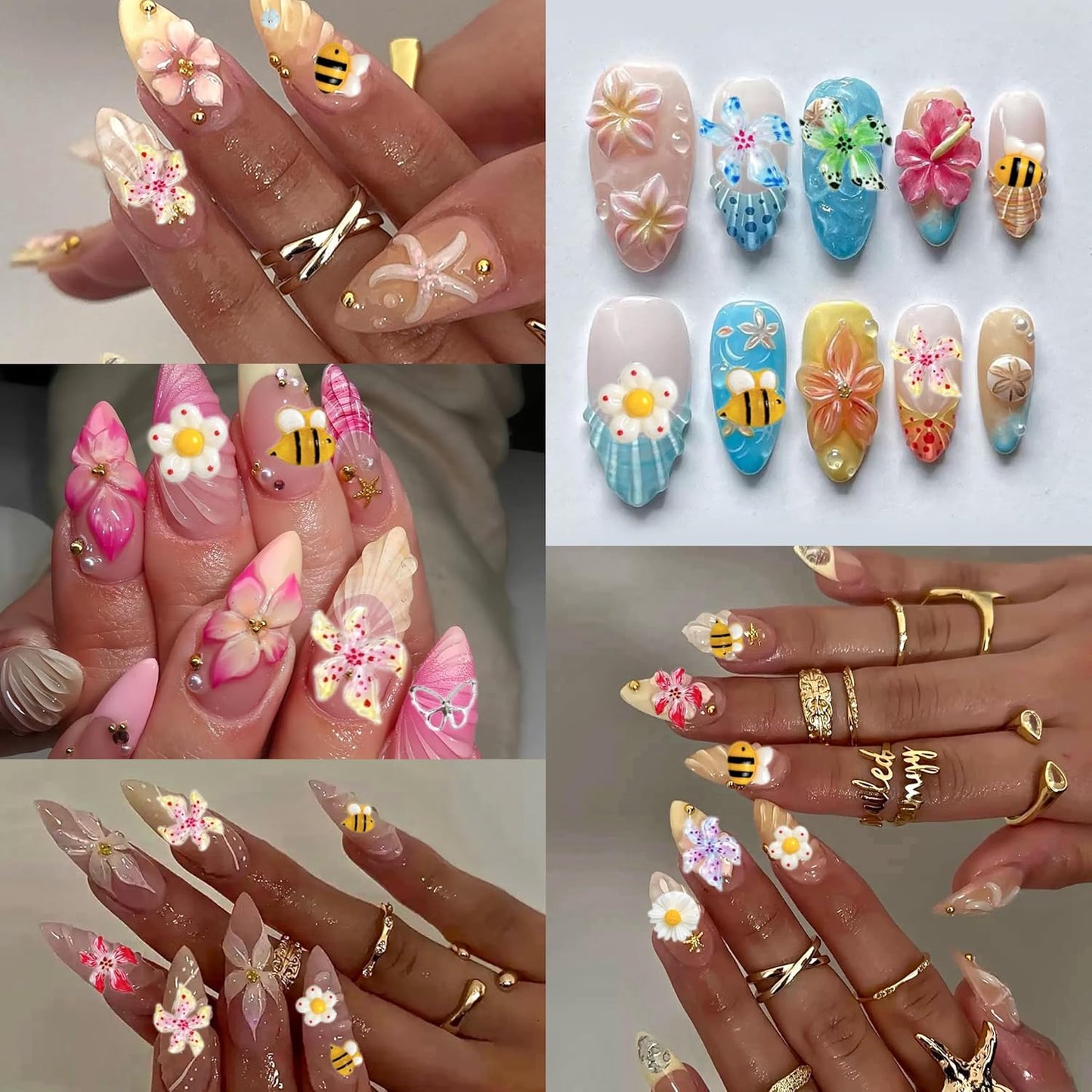 Flowers Nail Charms and Gems, Cute 3D Bee Daisy Hawaii Flowers Nail Art Charms for Acrylic Nails, Gold Silver Butterfly Nail Rhinestone and Charms,White Flatback Pearl Nail Charms Manicure DIY Crafts-BrightBean Baby