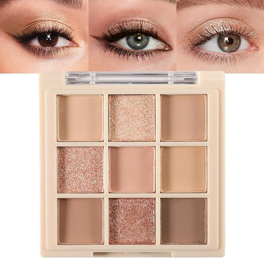 Erinde 9 Colors Eyeshadow Palette, Matte Shimmer Glitter Eye Shadow Makeup Palette, Highly Pigmented Long Lasting Waterproof, Natural Neutral Nude Eyeshadow Makeup Pallet, Milk Latte Color-BrightBean Baby
