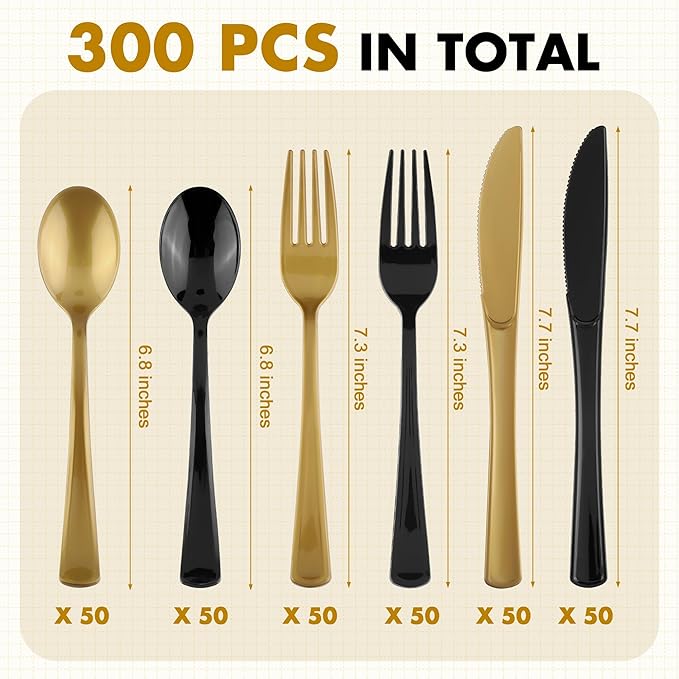 300 Pieces Black and Gold Plastic Silverware Heavy Duty Plastic Cutlery Set Disposable Flatware Includes Spoons Forks Knifes for Party Supplies