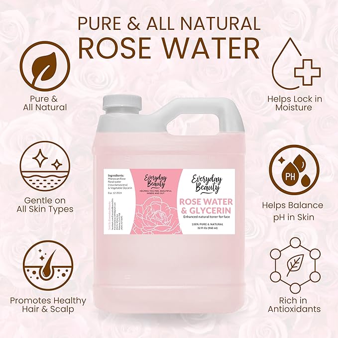 Rose Water & Glycerin Enhanced Facial Toner - 32oz Bulk Alcohol-Free Vegan All Natural Refreshing for Face and Hair - Uplifts, Calming & Soothing for All Skin Types…-BrightBean Baby