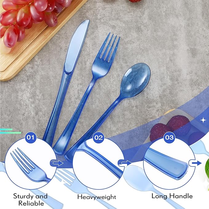 Minatee 150 Pieces Disposable Cutlery Set Plastic Silverware Heavy Duty Utensil Sets 50 Forks 50 Knives 50 Spoons for Home Office School Party Picnics Restaurant Outdoor Events(Blue)