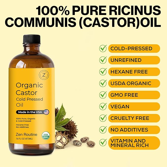 Zen Routine Organic Castor Oil (BIG Glass Bottle - 32oz) Hexane Free – Hair Growth Oil, Eye Lashes & Stomach – Pure 100% Cold Pressed Unrefined Oil for Castor Pack – USDA Certified, Made in the USA-BrightBean Baby