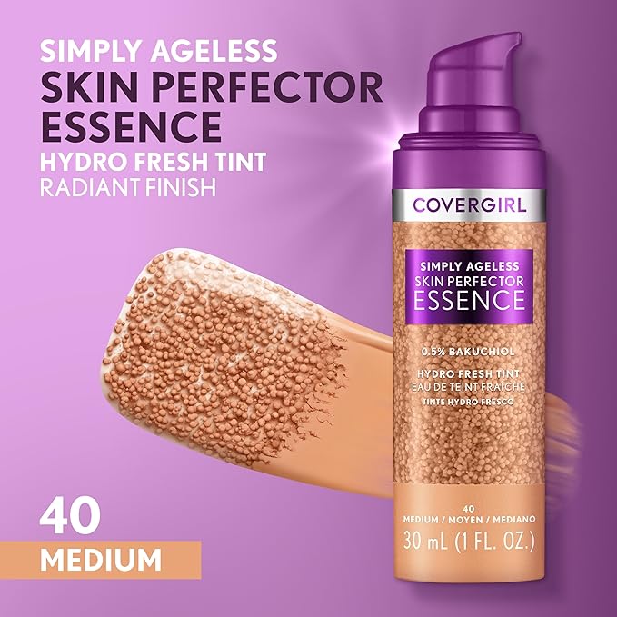 Covergirl Simply Ageless Skin Perfector Essence Foundation, 40 Medium, Tinted Skin Perfector, Skincare Makeup Hybrid, Sheer Tint, Radiant Finish, Skin-Like Finish, Vegan Formula, 1.0oz-BrightBean Baby