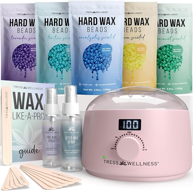Tress Wellness Waxing Kit for Sensitive Skin – Safe for Face & Skin, Prep & Aftercare Spray, Easy to Use – At-Home Kit for Face, Bikini, Brazilian & Full Body - Digital Display, Pink-BrightBean Baby