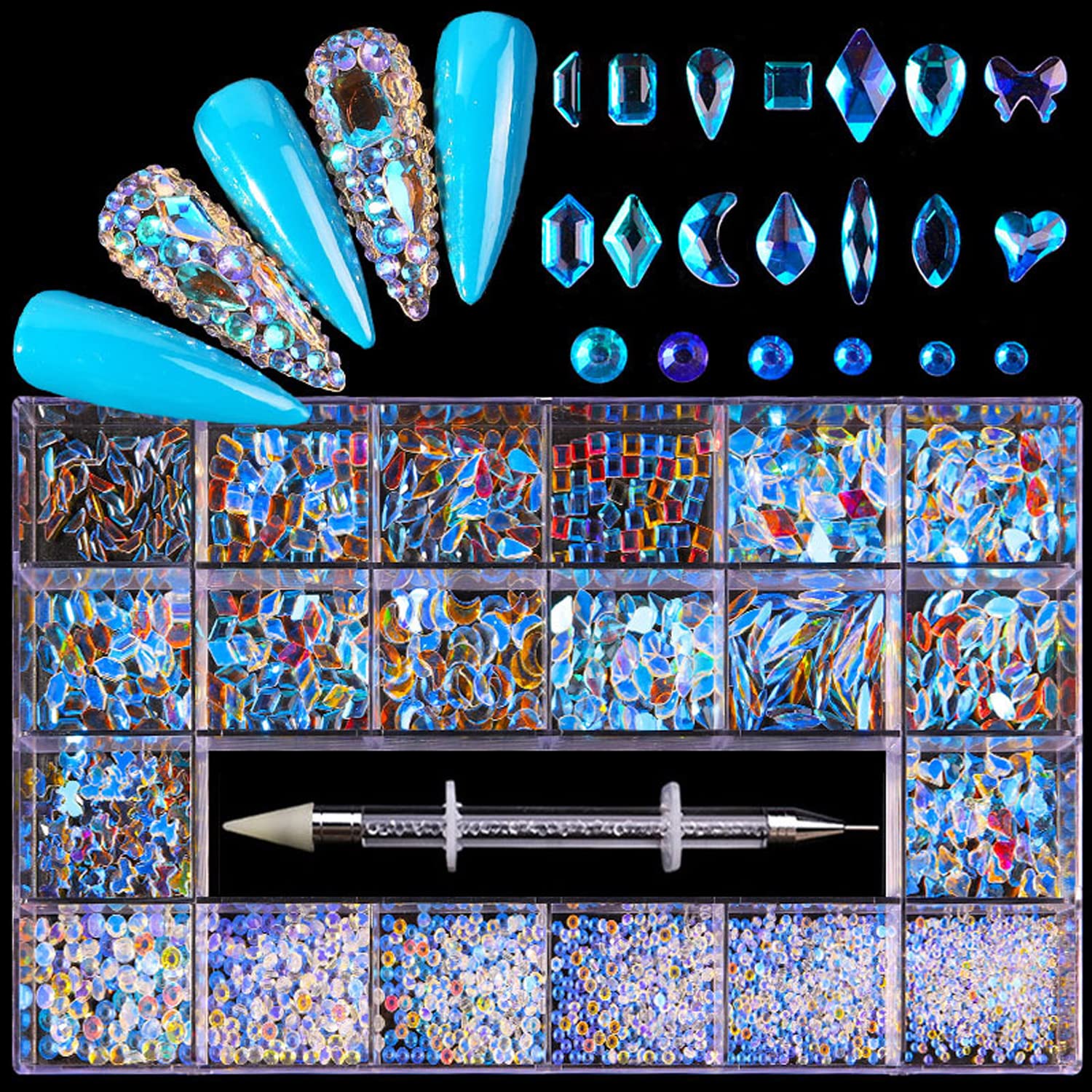 Nail Rhinestones Kit, Nail Art Decorations with Wax Pencil Flat AB Rhinestones Kit DIY Crafts Gemstones for Nail, Shoes, Clothes, Jewels (600 Aurora Diamonds + 2500 Flat Rhinestone)-BrightBean Baby