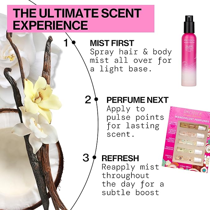 Pacifica Beauty, Wanderlust Spray Perfume Trial Set, Island Vanilla, 5 Scents, Fragrance Sampler Gift Set, Natural & Essential Oils, Clean, Vegan & Cruelty Free-BrightBean Baby