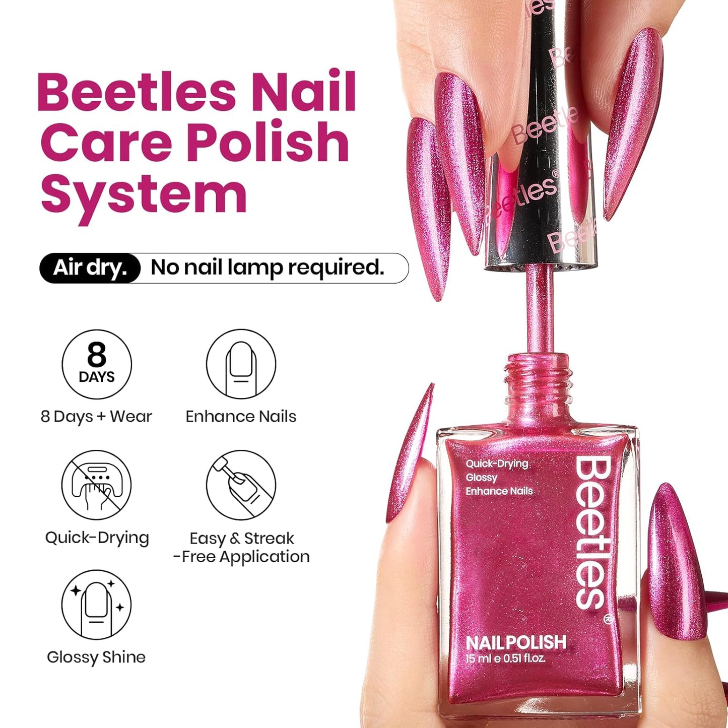 Beetles Hot Pink Nail Polish 15ml, Valentines Day Gifts for Women Fast Drying & Long Lasting Glitter Nail Polish Pink Nail Lacquer Glossy for DIY Nail Salon-Quality Results-BrightBean Baby