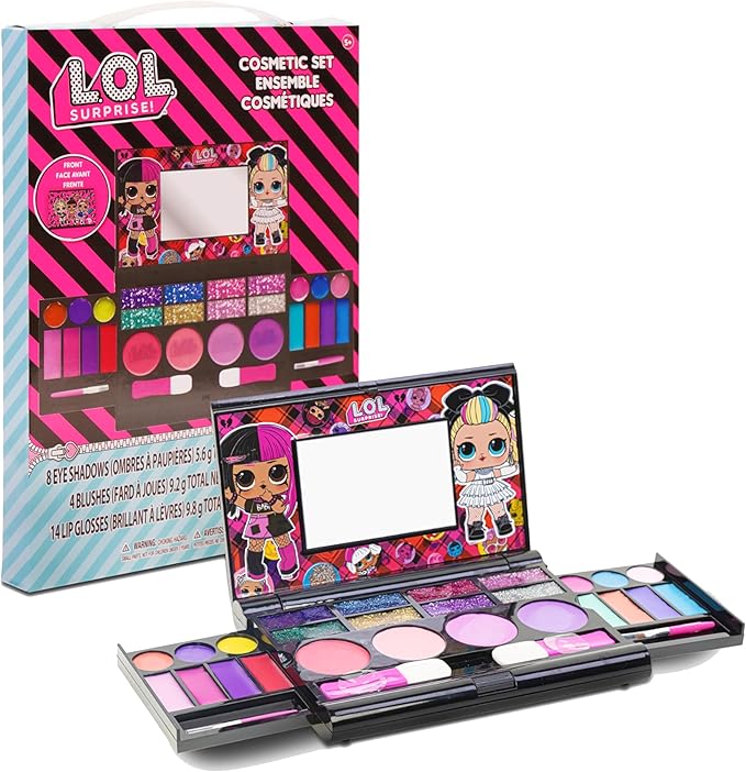 LOL Surprise Cosmetic Compact Set Includes Mirror, 14 Lip glosses, 8 Eye Shadow, 4 Blushes & 4 Brushes Safe & Non-Toxic Colorful Portable Foldable Makeup Beauty Kit for Girls, Townley Girl-BrightBean Baby