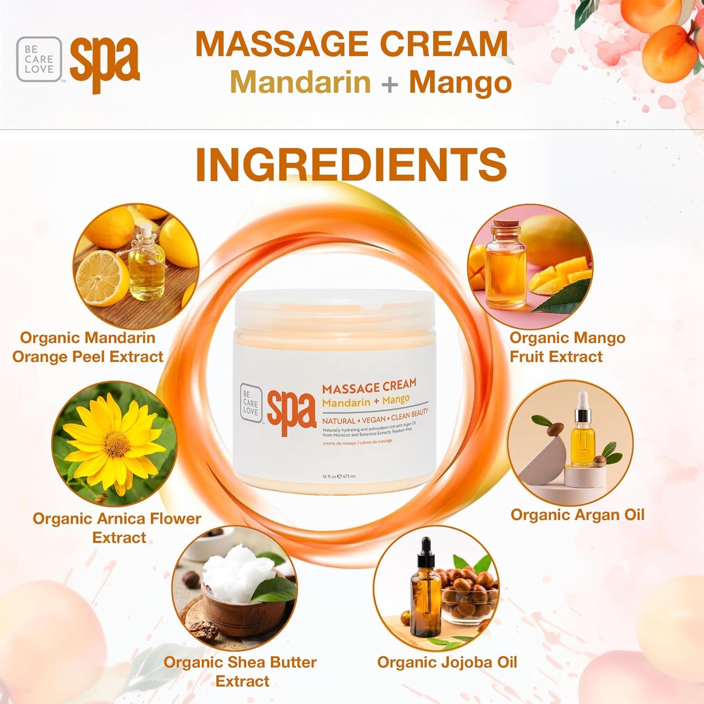 BCL SPA Massage Cream organic Mandarin + Mango body lotion with shea butter, aloe vera, peppermint, argan and jojoba oils, body cream to invigorate, hydrate and soften the skin. Home/Pro use 16 fl oz-BrightBean Baby