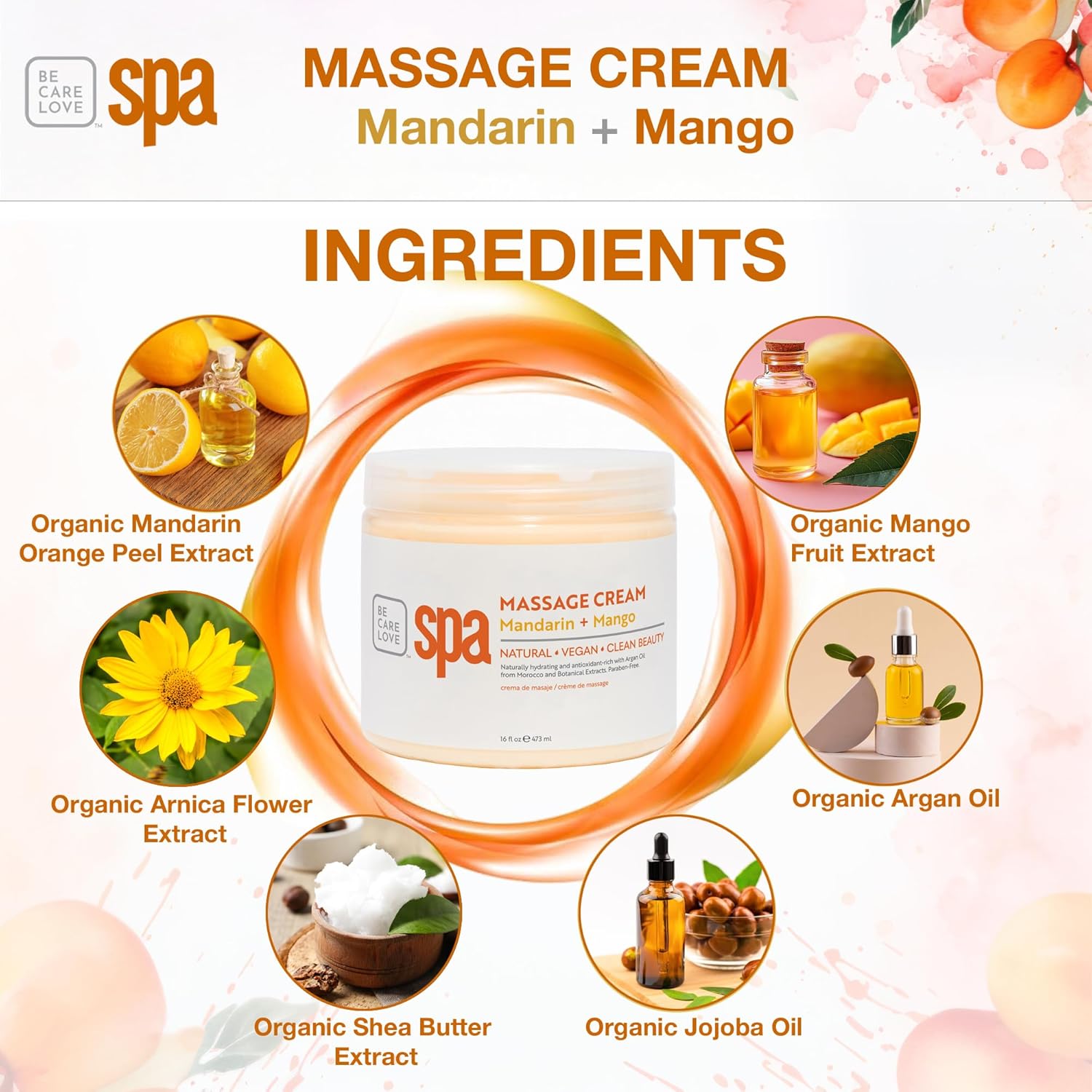 BCL SPA Massage Cream organic Mandarin + Mango body lotion with shea butter, aloe vera, peppermint, argan and jojoba oils, body cream to invigorate, hydrate and soften the skin. Home/Pro use 16 fl oz-BrightBean Baby