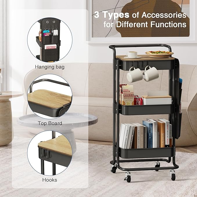 DTK 3 Tier Metal Utility Rolling Cart with Table Top and Side Bags, Tray Storage Organizer Wheels, Art Craft 4 Hooks for Kitchen Bathroom Office Living Room (Black)-BrightBean Baby