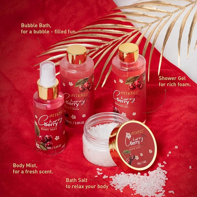 Spa Gifts for Women, Cherry & Berry Spa Gift Set for Teenage Tote Bag, Shower Gel, Hand & Body Lotion, Hitrees Birthday for Best Friend Woman, Mom, Mothers Day-BrightBean Baby