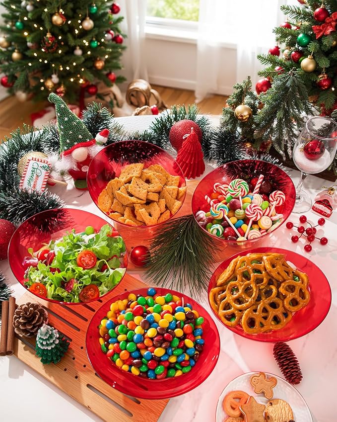 bUCLA 12 Pack Clear Red Plastic Serving Bowls - 20 OZ Christmas Angled Serving Bowls Disposable for Chip, Candy, Salad & Fruit - Ideal for X’mas Party