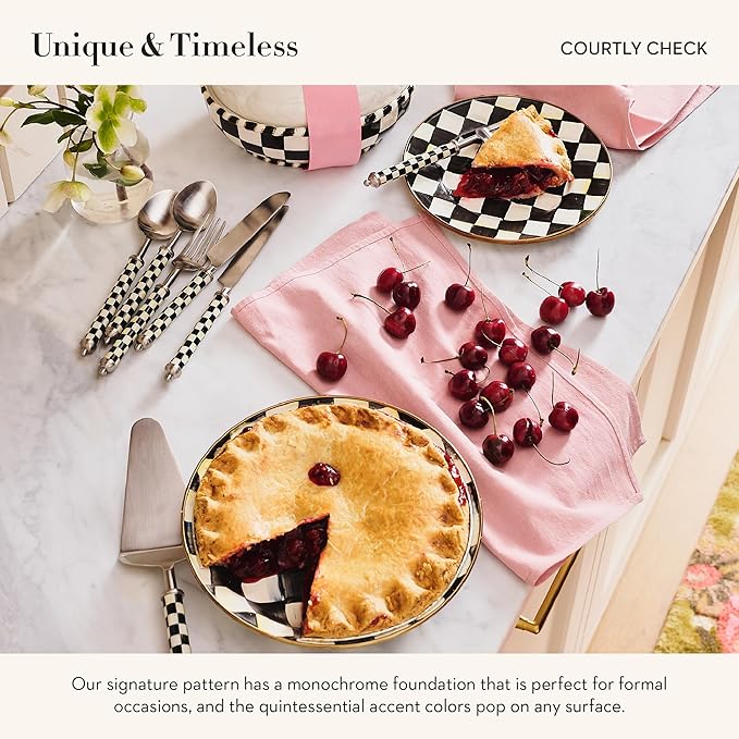 MACKENZIE-CHILDS Enamel Salad and Dessert Plate, Small Plate for a Dessert or Appetizer Dish, 8 Inches, Set of 4, Black-and-White Courtly Check