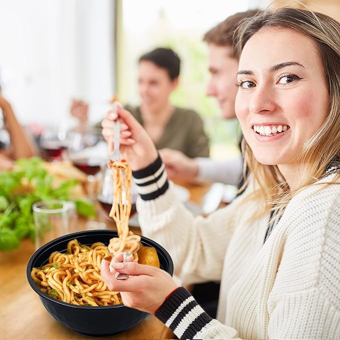 POPMISOLER 150 Pcs Stackable Meal Prep Bowl Containers, Food Takeout Bowls Reusable,Black Disposable Meal Prep Bowls With Lids. (48oz-Black)