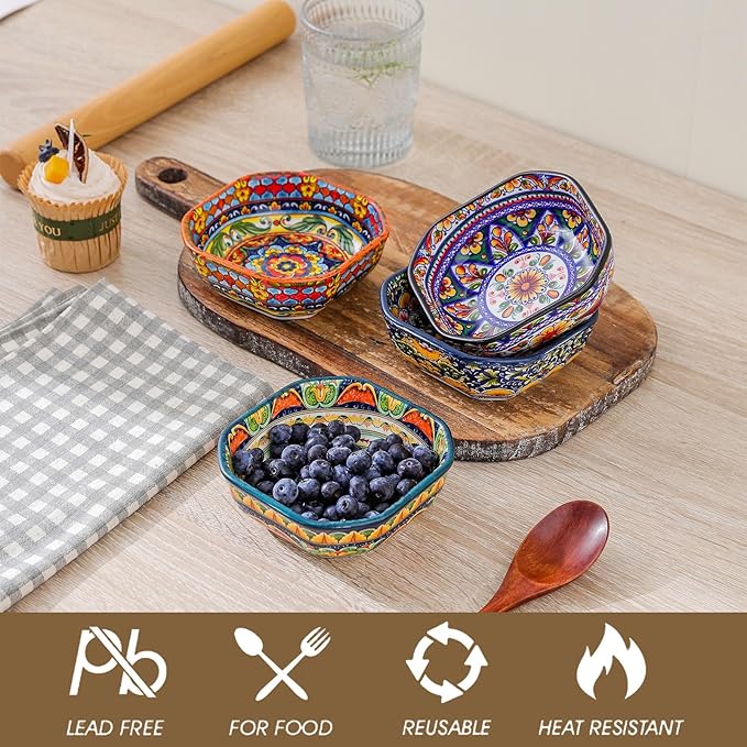 Boho 8 Oz Dipping Sauce Bowls, 4.3 Inches Ceramic Soy Sauce Dish, Bohemian Small Plates 4 Inch,Square Side Dishes, Small Appetizer Plates Set of 4, Colorful Dip Bowl, Microwave, Dishwasher, Oven Safe