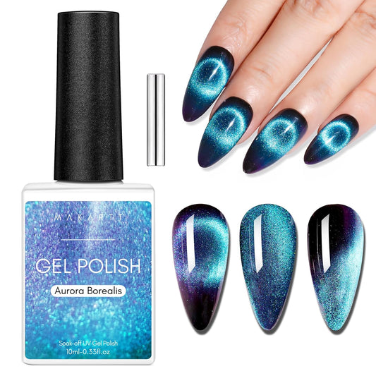 Makartt Blue Cat Eye Gel Nail Polish: Magnetic Glitter Gel Polish Soak-Off UV/LED with Aurora Effect, Long-Lasting Black Hole Shine, Comes with Magnet Stick Salon Home Nail Art 10ml-BrightBean Baby