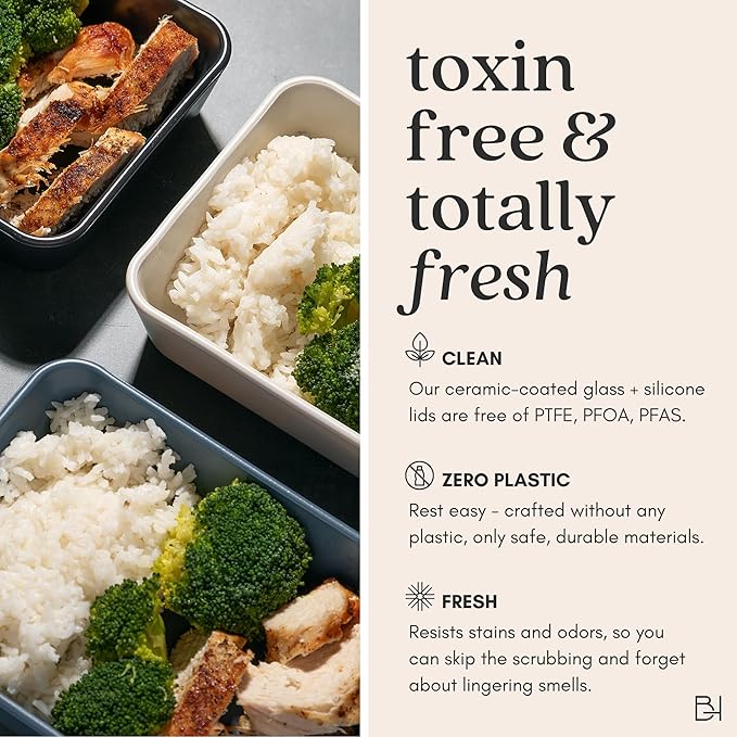 Ceramic Coated Glass Food Storage Container | No PTFE, PFOA, PFAS, and BPA | Reusable Non Toxic Meal Prep Container with Glass Lid | Easy To Store | 11 Cup Rectangle [Smoke]