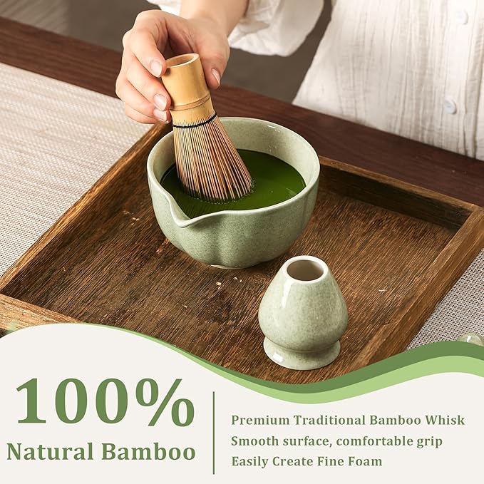 Matcha Whisk Set, 7-Pack Mottled Green Matcha Set - Include Petal Matcha Bowl with Spout, Bamboo Whisk, Chasen Holder, Sifter, Scoop, Tea Towel, Scoop Rest - Perfect Matcha Making Kit for Tea Lover