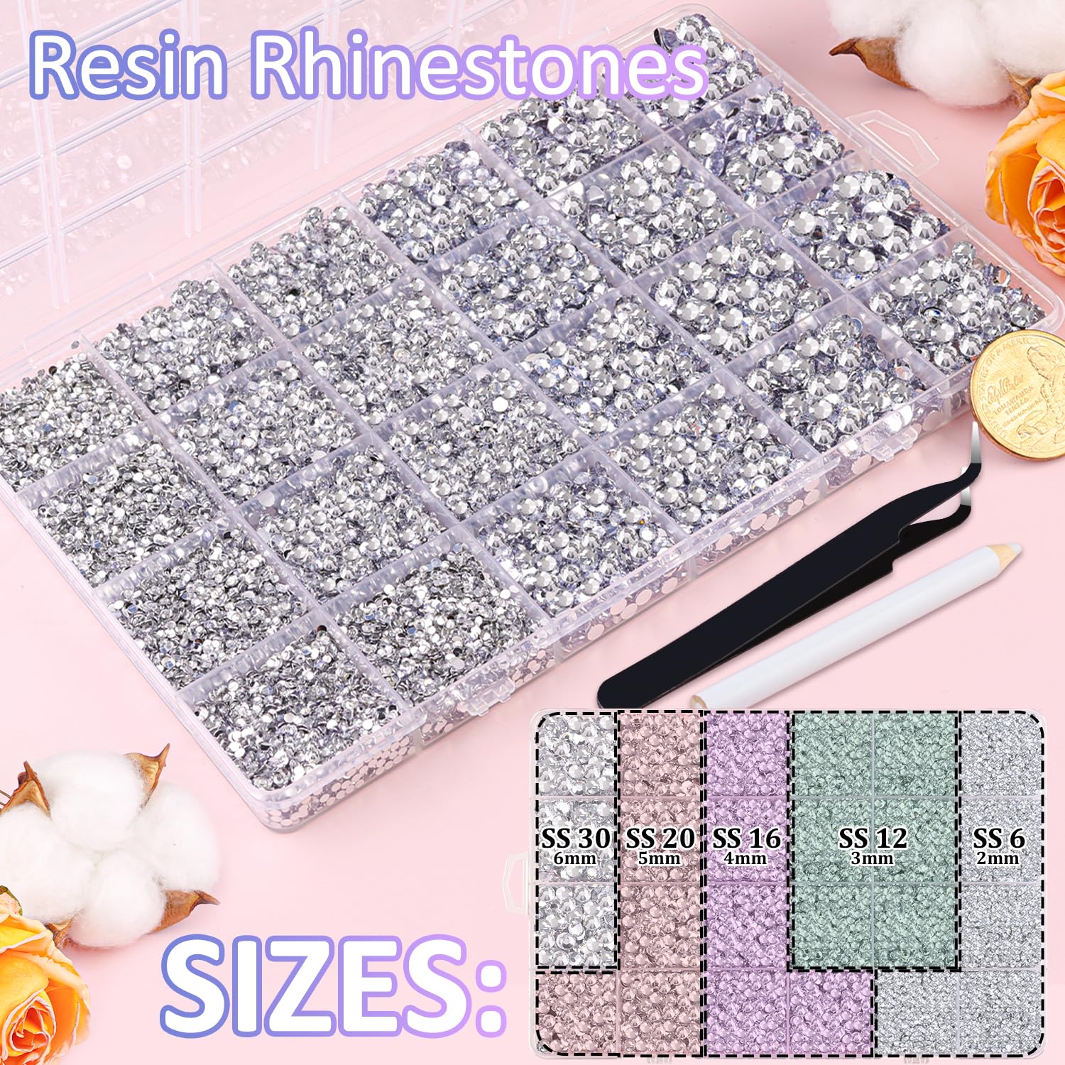 30000Pcs Resin Rhinestones for Bedazzling, Silver Clear Flatback Gems for Diamond Art, Crystal Bedazzler Kit with 3Pcs 10ml B7000 Jewelry Glue for Crafting Clothing Book Shoes Nail Art-BrightBean Baby