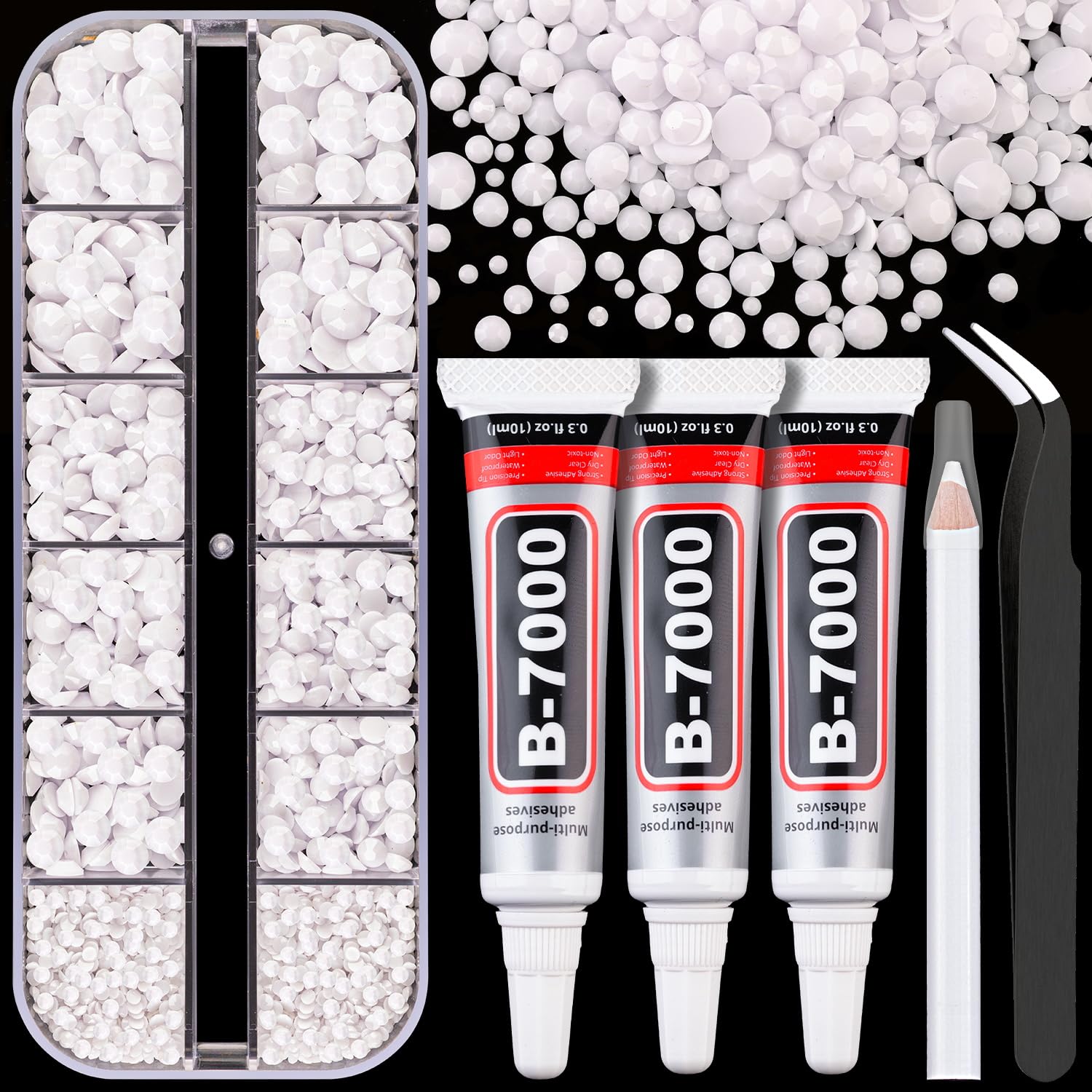 Resin Rhinestones for Crafting with B7000 Jewelry Glue, 1 Box White Flatback Crystals with 3Pcs 10ml Glue for Bedazzling Crafts DIY Nail Art Makeup，Non Hotfix Gems for Clothing Shoes-BrightBean Baby