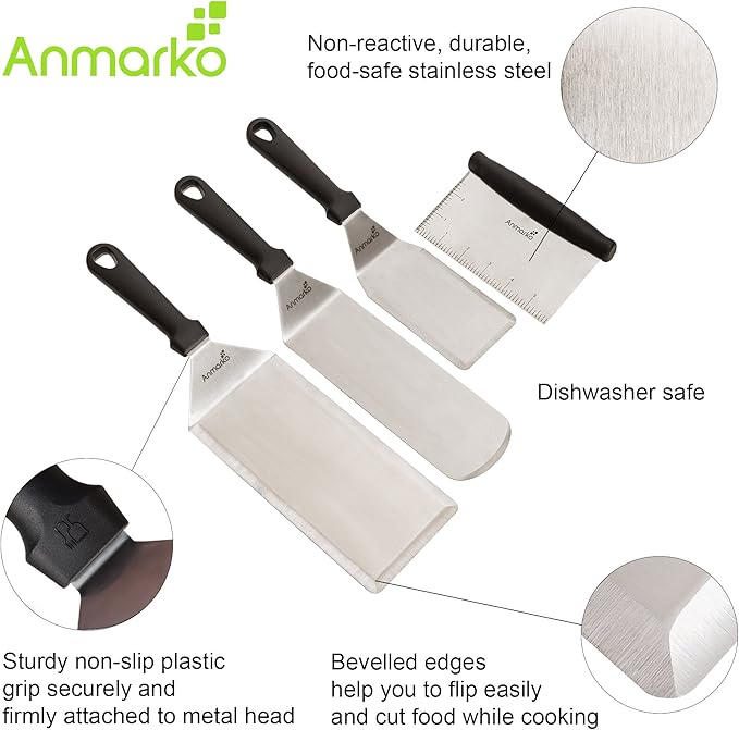 Metal Spatula Griddle Accessories Set - Griddle Scraper Flat Spatula Pancake Flipper Hamburger Turner - Metal Utensil great for BBQ Grill Flat Top Cast Iron Griddle - Commercial Grade