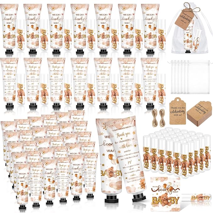 50 Sets 200 Pcs Baby Shower Hand Lotion and Lip Balm Gift Theme Baby Shower Party Favors Travel Size Hand Lotion and Lip Balm Bulk with Organza Bags Tags(Bear)-BrightBean Baby